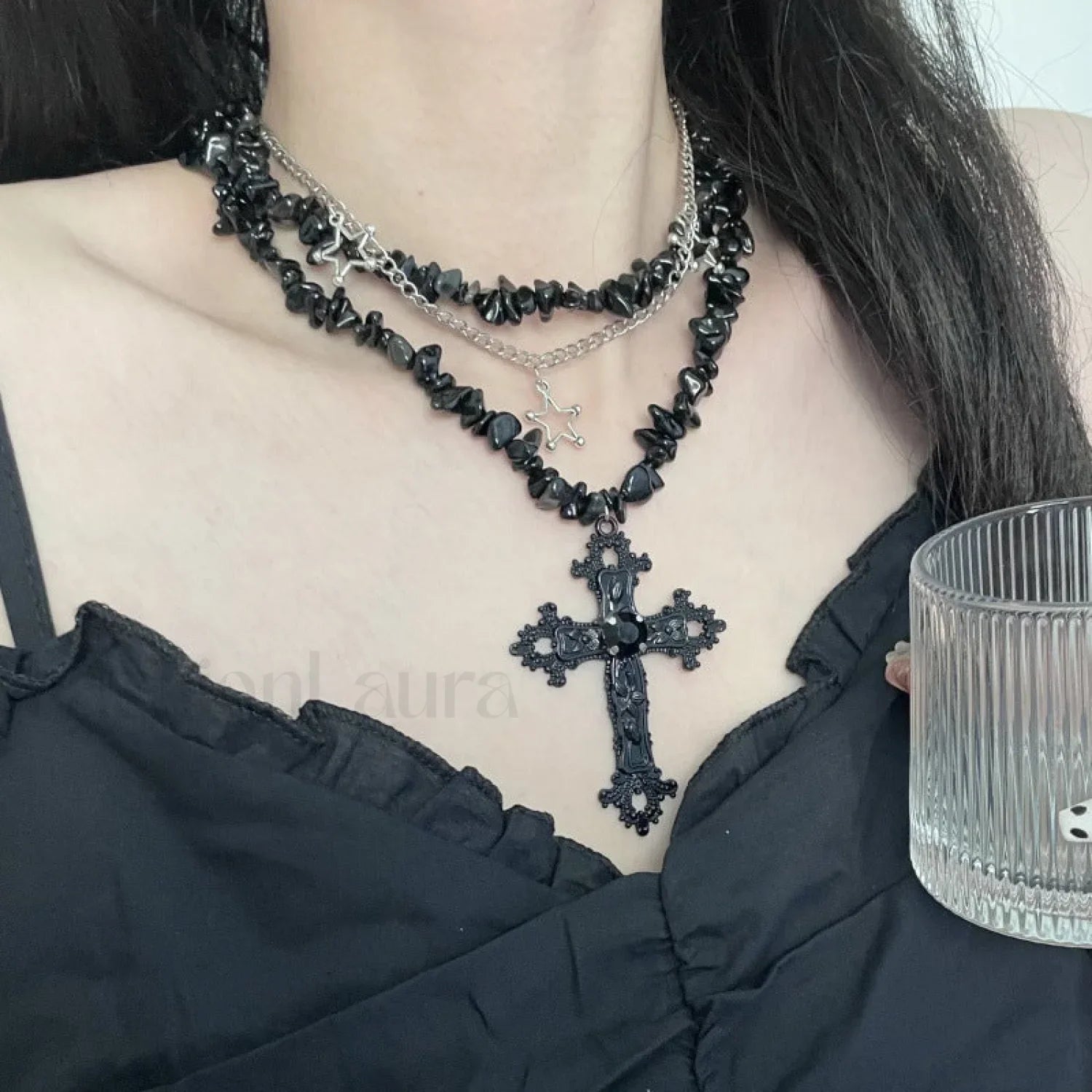 Diamond Star Double Layer Dark Hip Hop Necklace BLACK