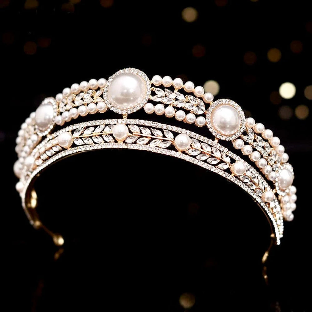 Wedding Hair Accessories -  Pearl and Crystal Bridal Tiara - Available in Yellow Gold and Silver