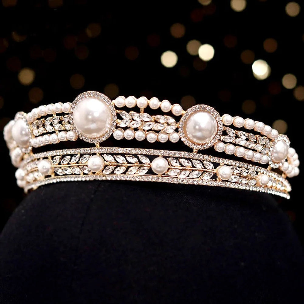 Dolores Pearl And Crystal Bridal Tiara In Yellow Gold Silver