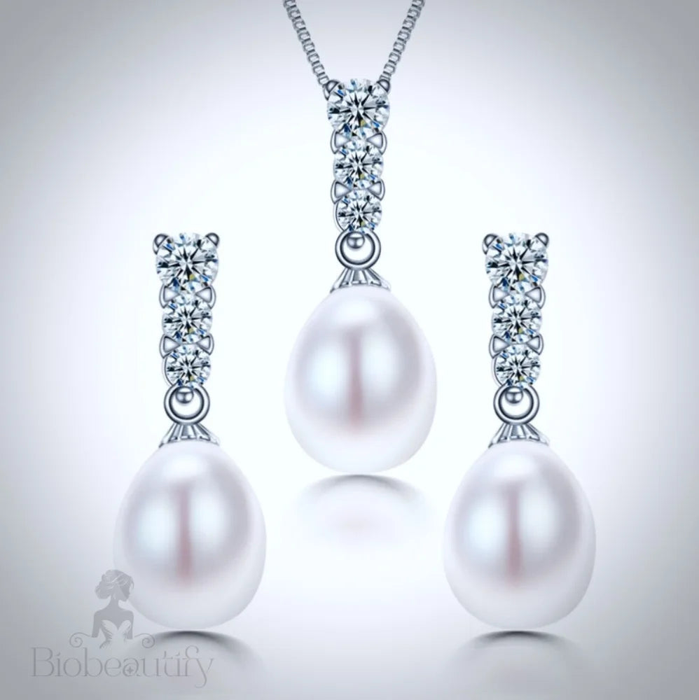 Doris Sterling Silver Bridal Jewelry Set With Pearl And Cubic Zirconia