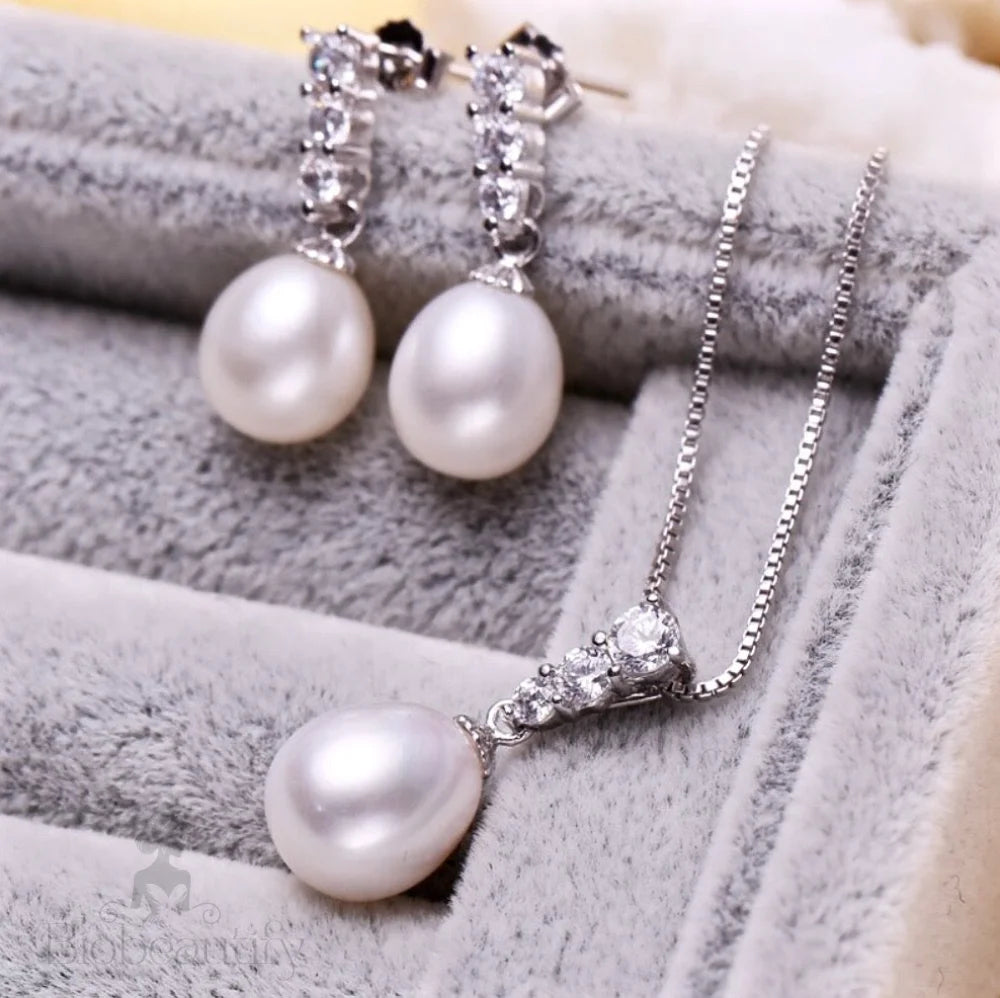 Doris Sterling Silver Bridal Jewelry Set With Pearl And Cubic Zirconia