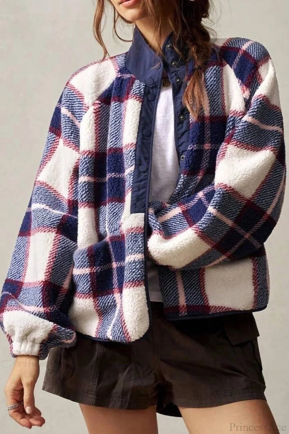 Double-Fleece Plaid Wool Long Sleeve Jacket Blue / S