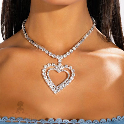 Double Heart Crystal Necklace Silver