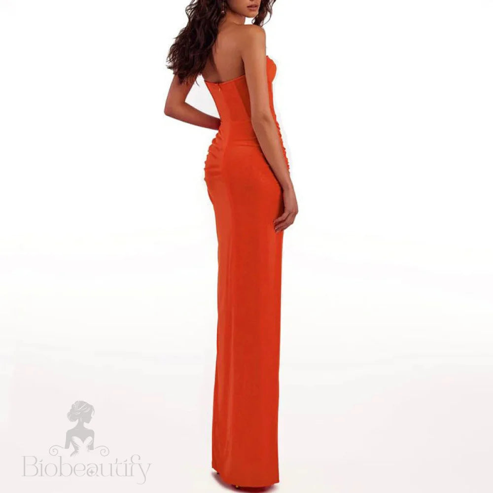 Draped Bustier Maxi Dress With Split