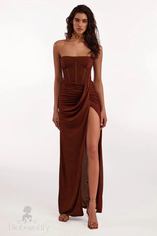 Draped Bustier Maxi Dress with Thigh-High Split - Chiccharm