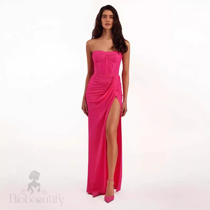 Draped Bustier Maxi Dress with Thigh-High Split - Chiccharm