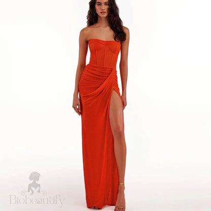 Draped Bustier Maxi Dress with Thigh-High Split - Chiccharm