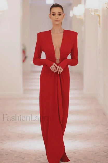Draped Ring Detailed Charming Deep V Neck Dress