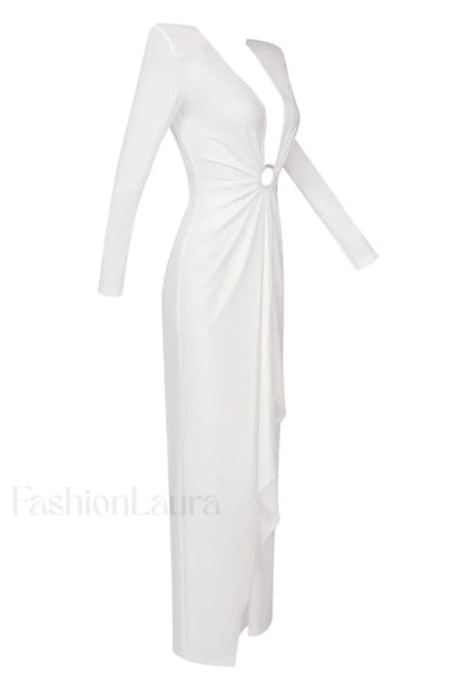 Draped Ring Detailed Charming Deep V Neck Dress
