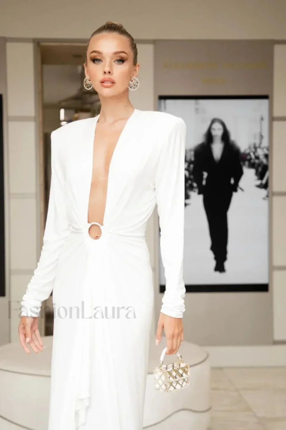 Draped Ring Detailed Charming Deep V Neck Dress
