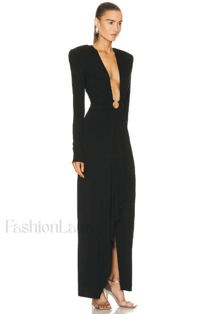 Draped Ring Detailed Charming Deep V Neck Dress
