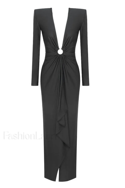 Draped Ring Detailed Charming Deep V Neck Dress XS / Black