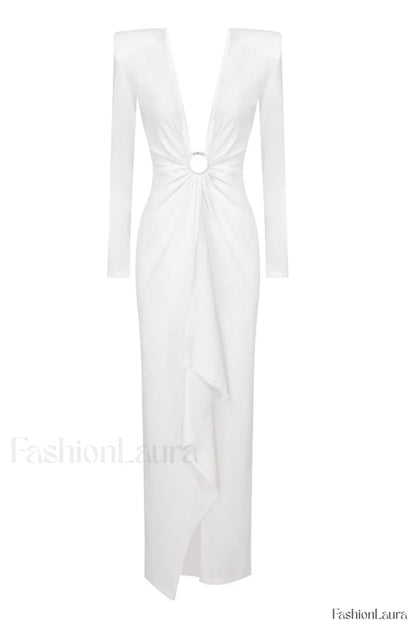 Draped Ring Detailed Charming Deep V Neck Dress XS / White