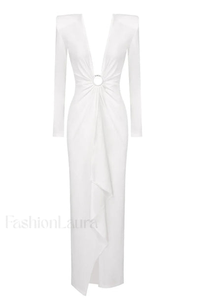 Draped Ring Detailed Charming Deep V Neck Dress XS / White