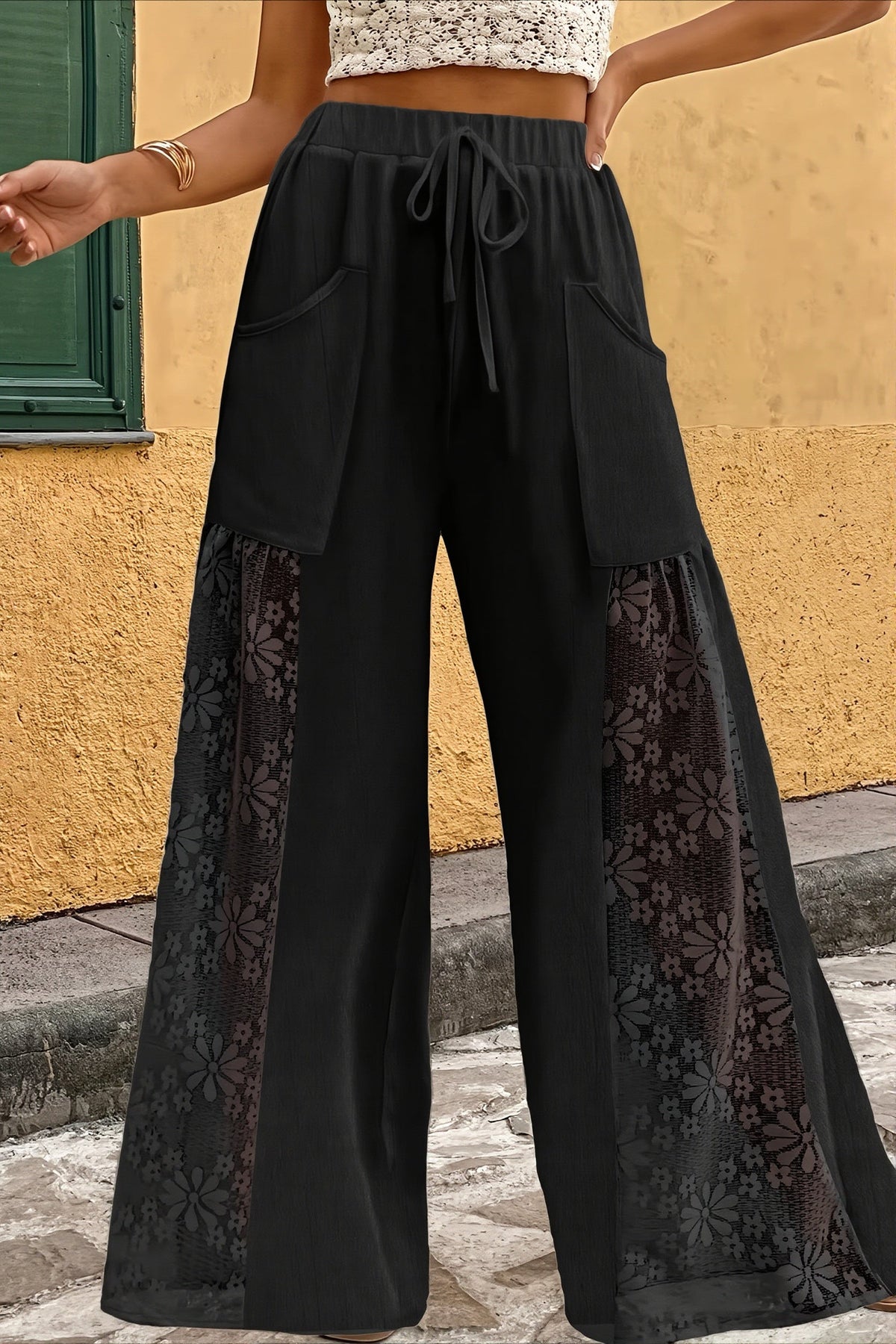 Lace Panel Drawstring Wide Leg Pants