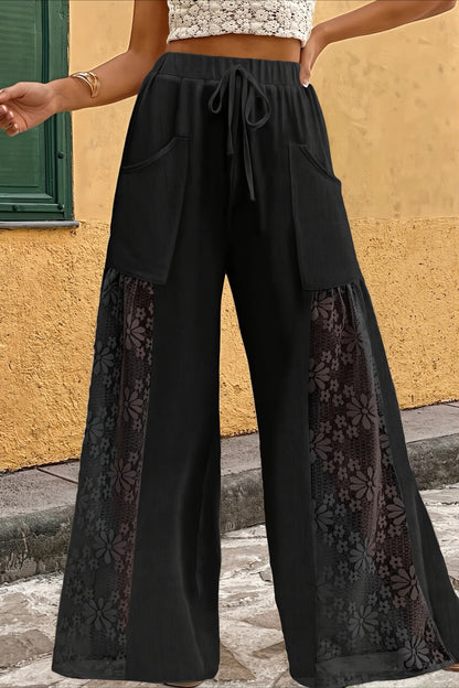 Lace Panel Drawstring Wide Leg Pants