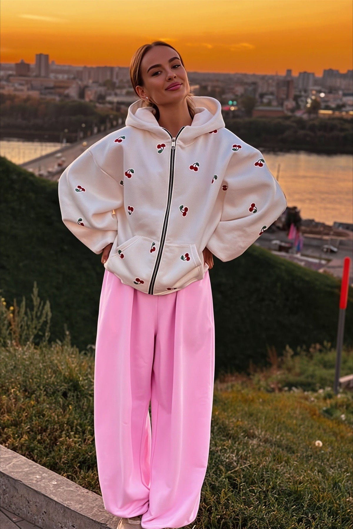 Cherry Print Zip Front Hoodie