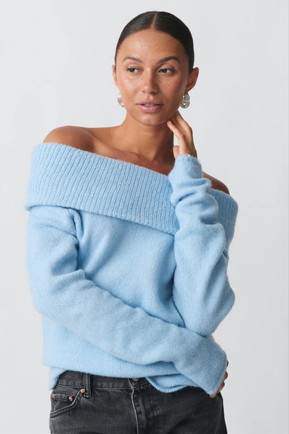 Foldover Collar Off Shoulder Fitted Sweater