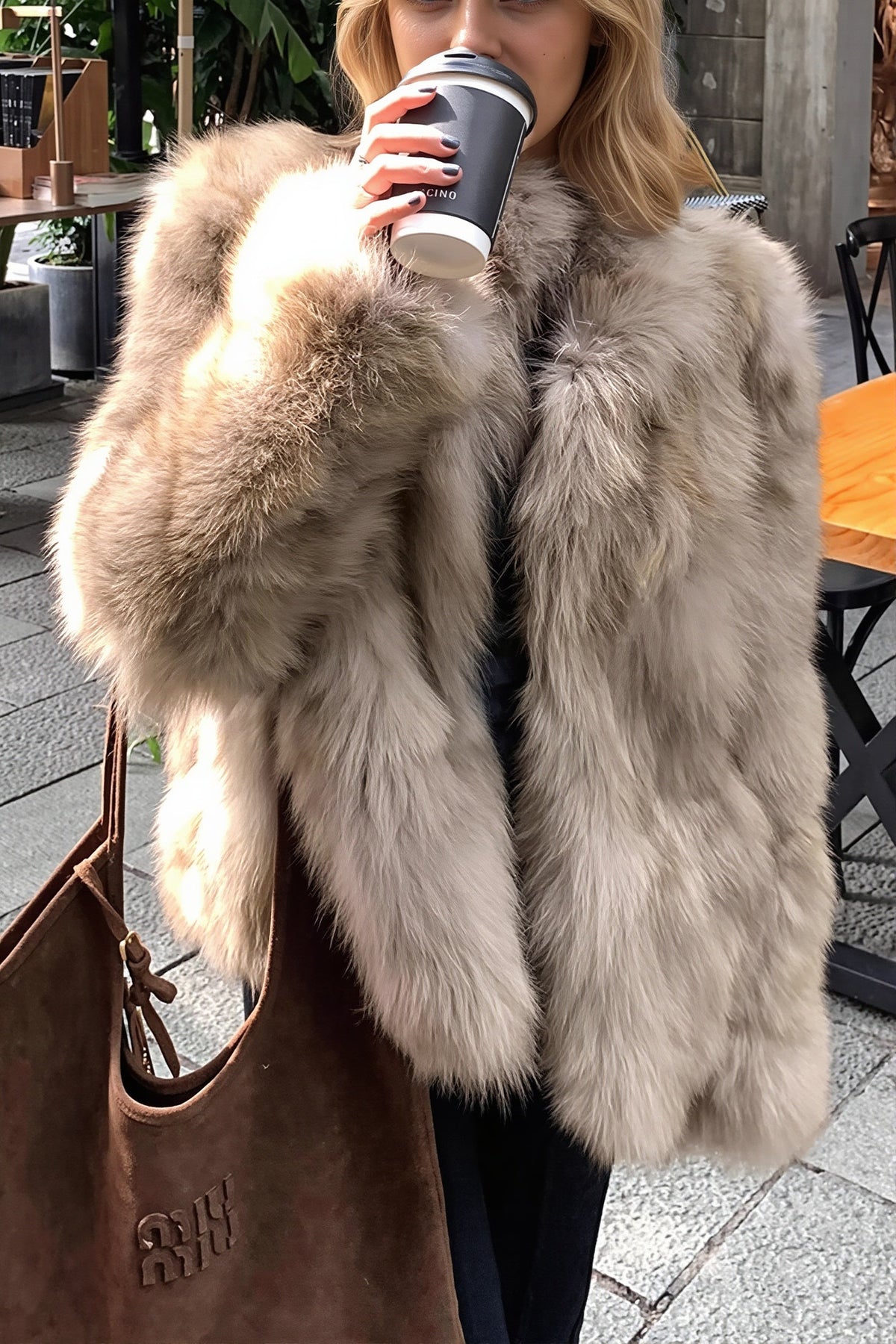 Stand Collar Straight Faux Fur Coat