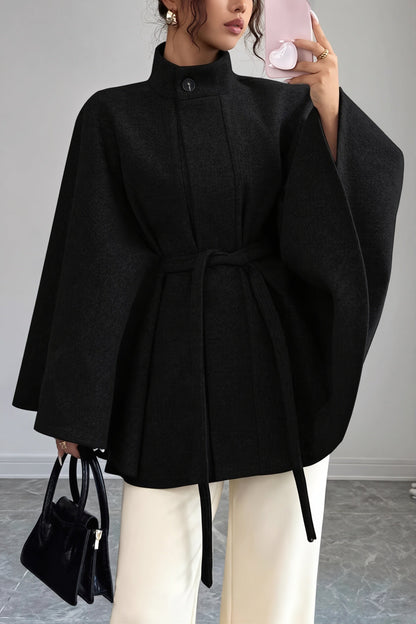 Belted Cape Sleeve Wool Look Jacket