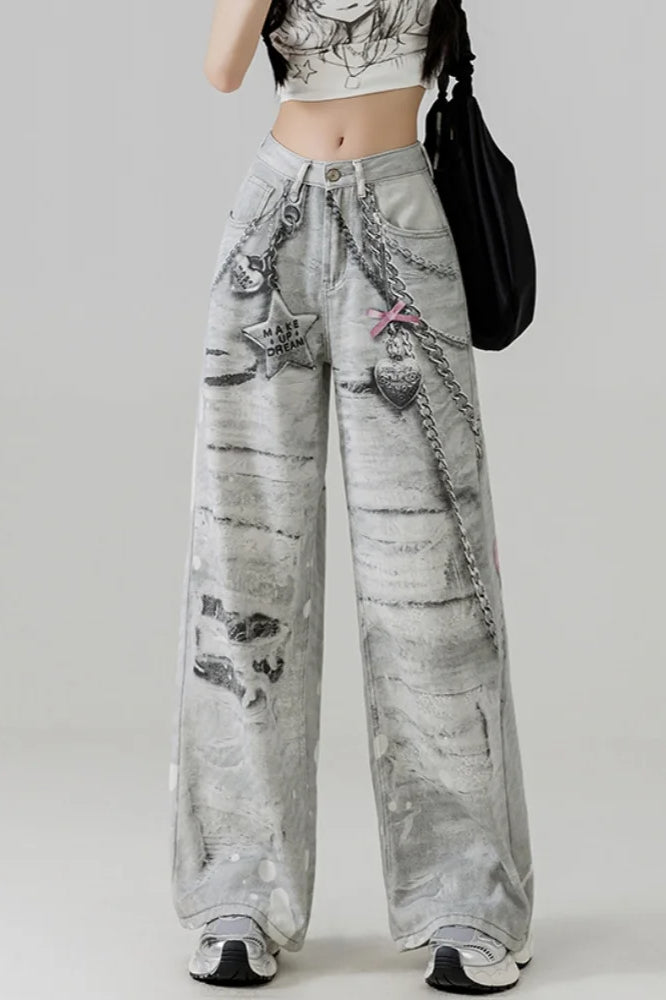 Metal Love Chain Straight Leg Jeans