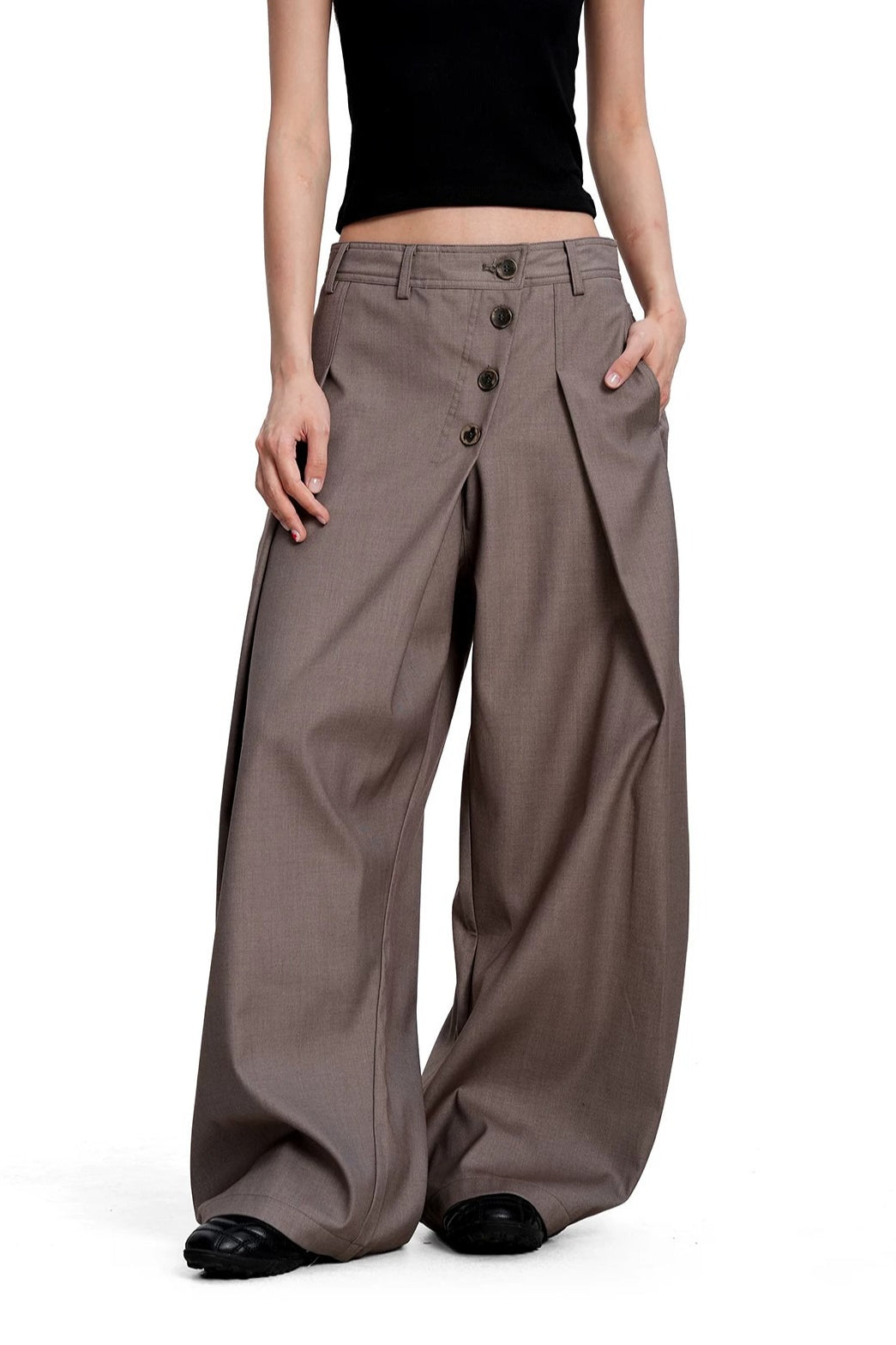 Asymmetric Button Front Wide Leg Pants