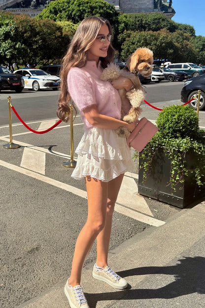 Fuzzy Short Sleeve Button Front Knit Sweater