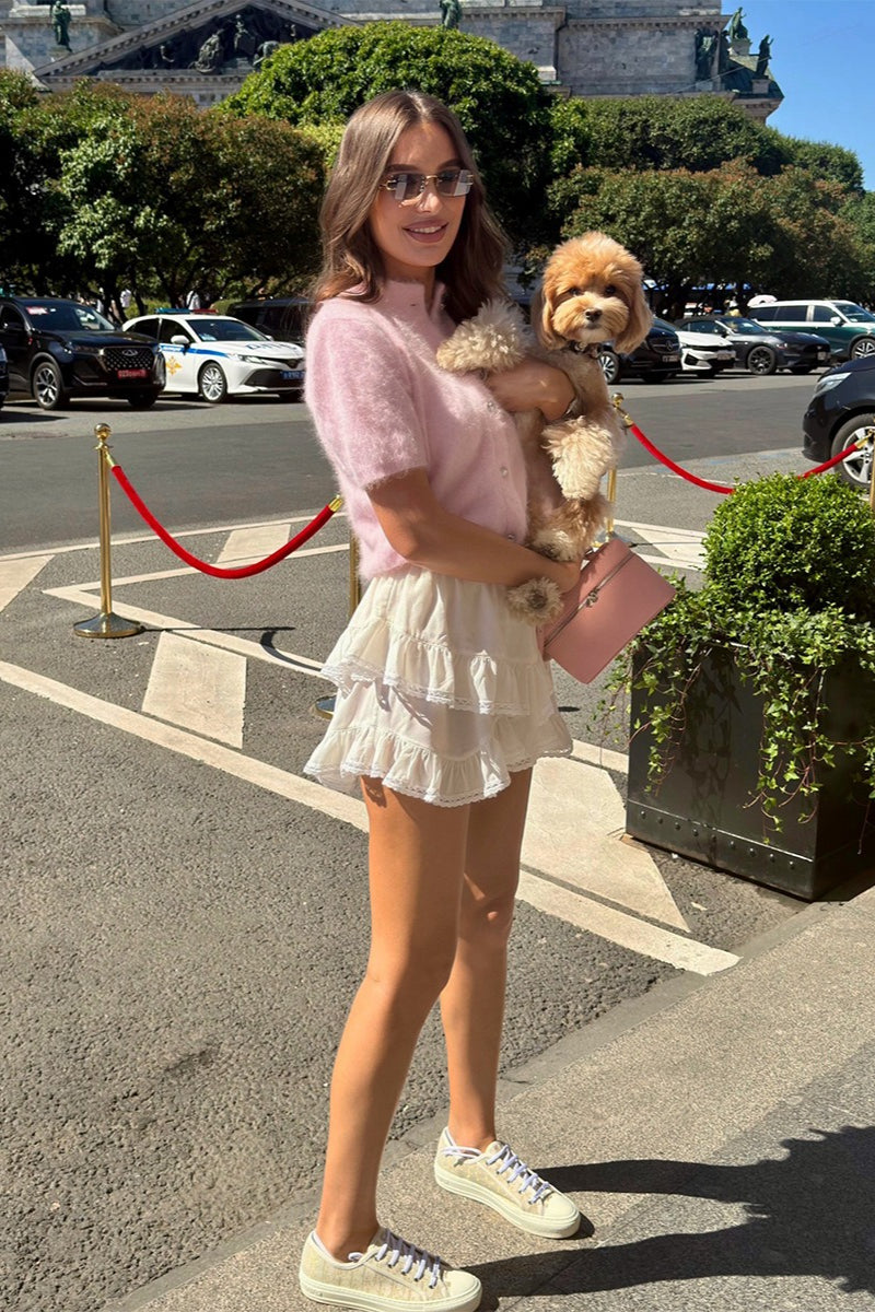 Fuzzy Short Sleeve Button Front Knit Sweater