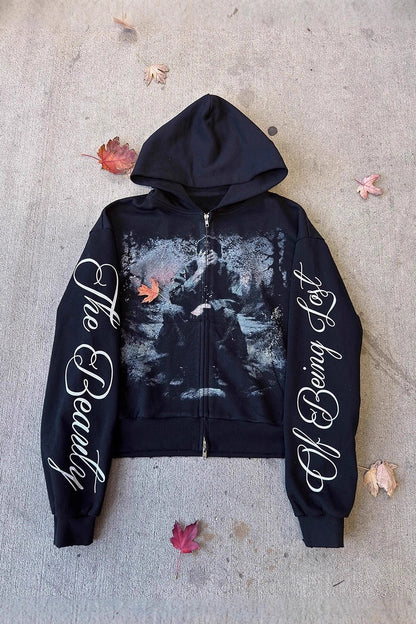 Photo Letter Graphic Zip Front Hoodie