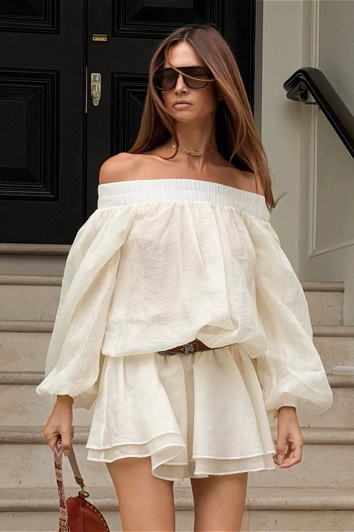 Off Shoulder Balloon Sleeve Ruffle Mini Dress