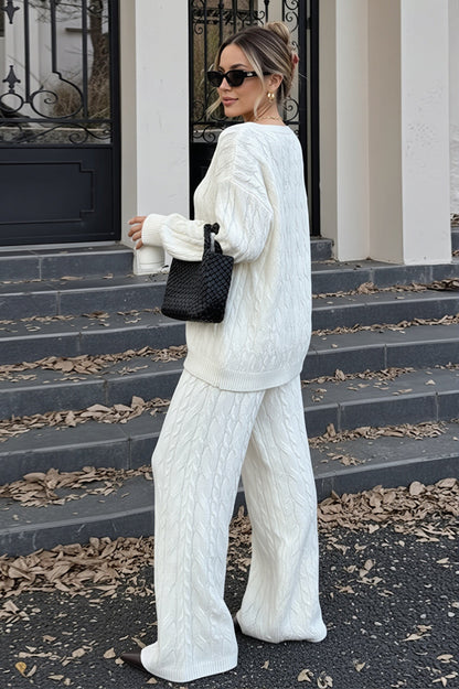 Solid Cable Knit V Neck Sweater Pants Set