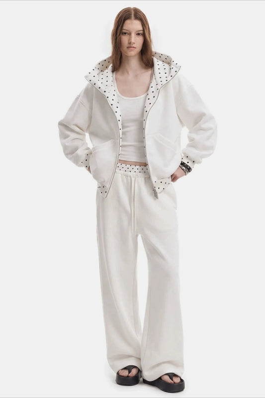 Polka Dot Trim Zip Front Wide Leg Hoodie