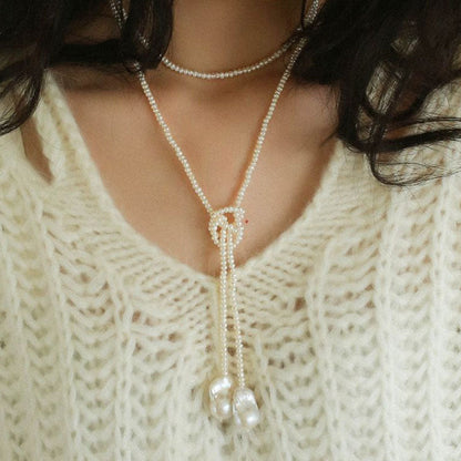 Baroque Double Pendant Freshwater Pearl Opera Necklace White / One Size