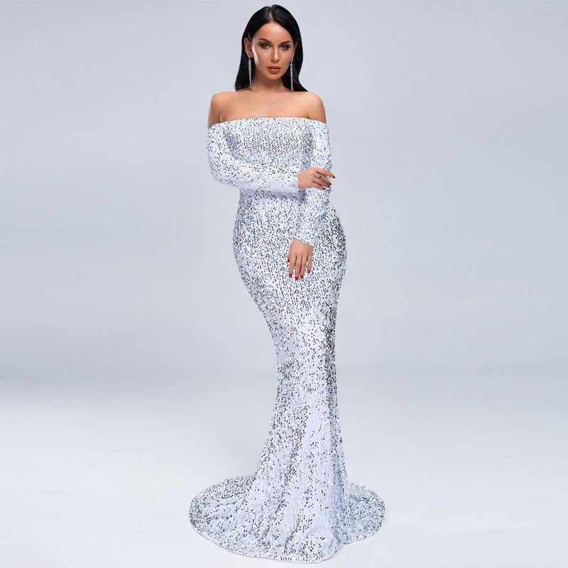 Sequins Party Dress With Strapless Long Sleeves White / S