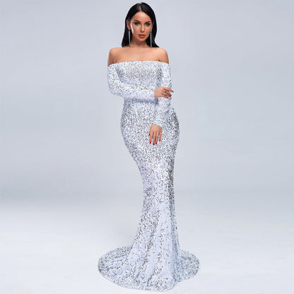 Sequins Party Dress With Strapless Long Sleeves White / S