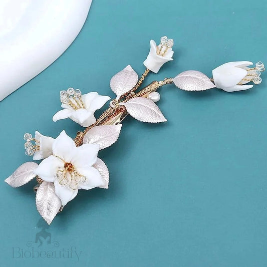 Wedding Hair Accessories - Ceramic Flowers Bridal Hair Clip - Available in Gold and Silver Finishes