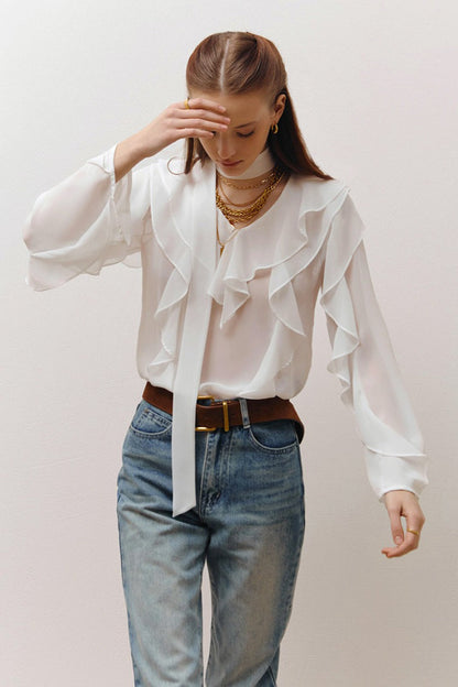 Ruffle Front Scarf Tie Blouse