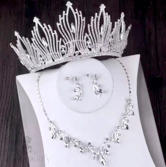 Wedding Jewelry and Accessories - Silver Cubic Zirconia 3-Piece Bridal Jewelry Set With Tiara