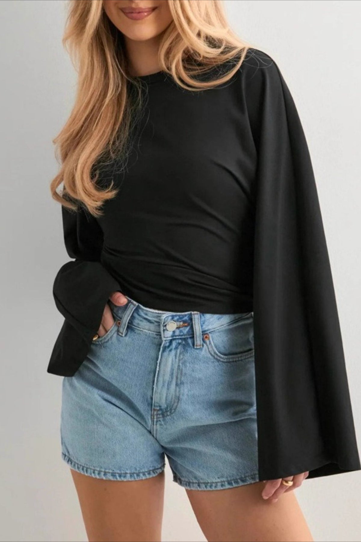 Cinched Waist Bell Sleeve Crew Neck Tee