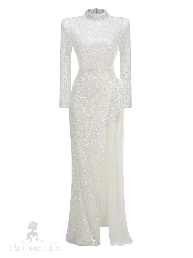 Effie Pearls Beaded Sequins Gown Dress With Long Sleeves