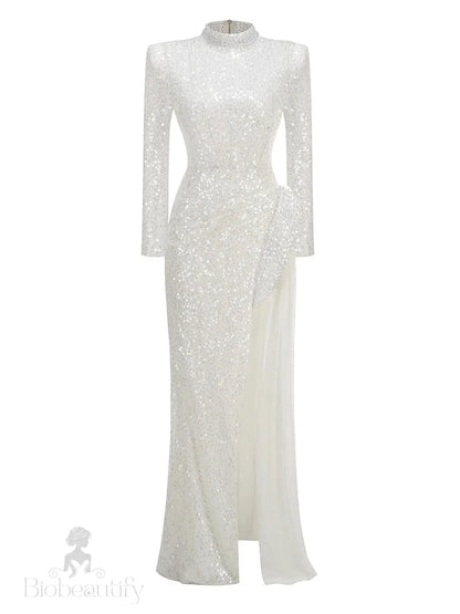 Effie Pearls Beaded Sequins Gown Dress With Long Sleeves