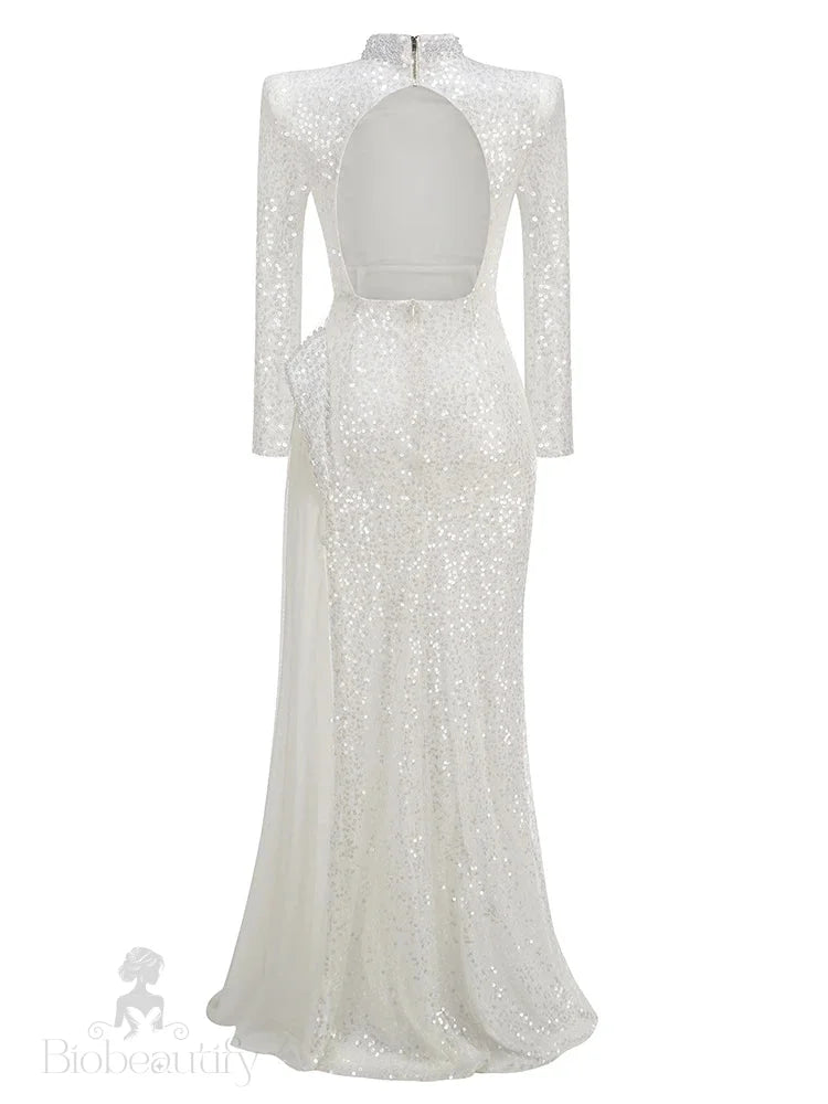 Effie Pearls Beaded Sequins Gown Dress With Long Sleeves