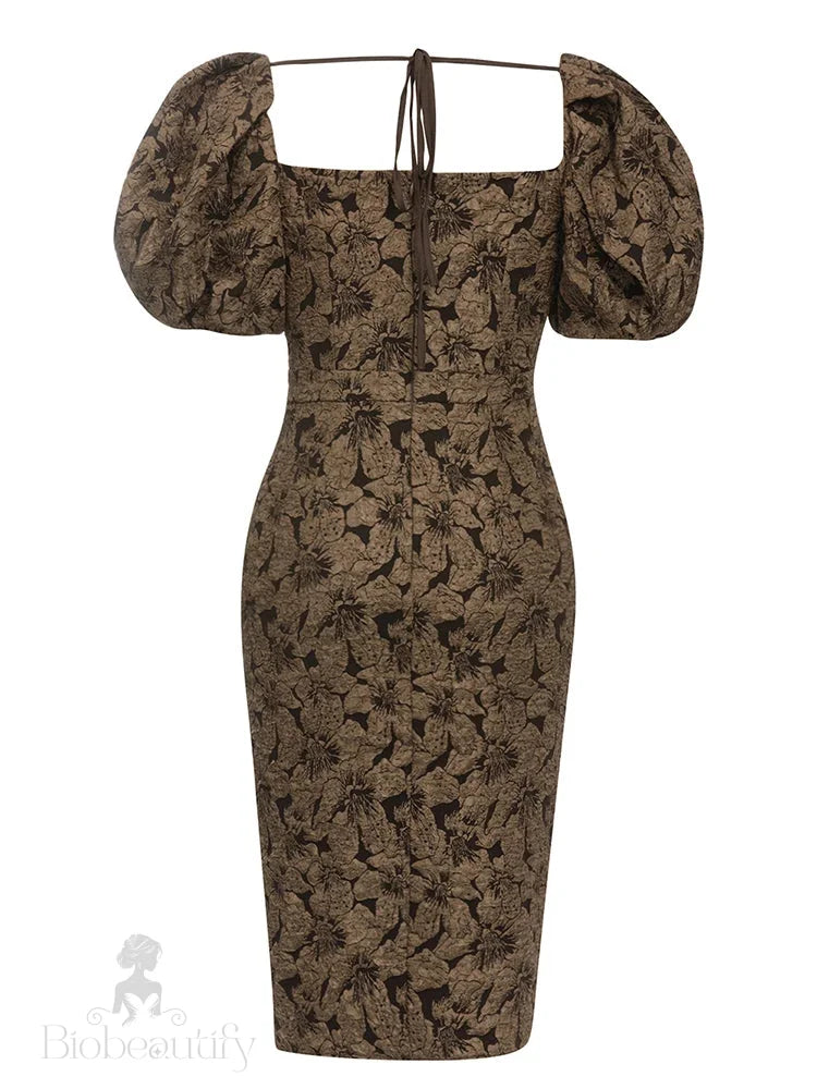 Eira Jacquard Fabric Midi Dress With Puff Sleeves