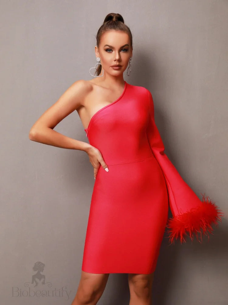 Eleanor One Shoulder Bandage Dress With Feather Embellishment