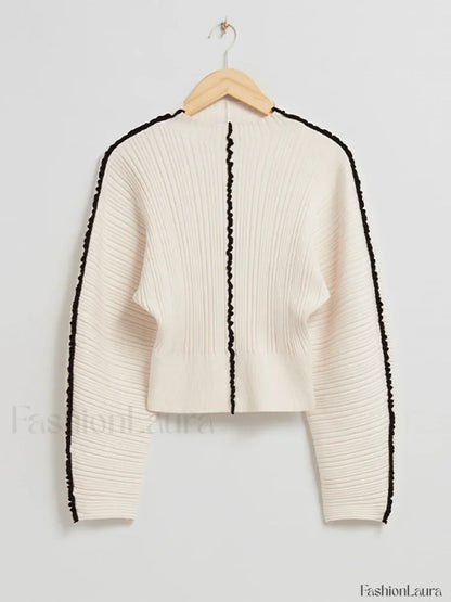 Elegant Contrast Stitching Knitted Pullover Women Casual O neck Long Sleeves Warm Sweater White / S Sweaters L