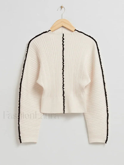 Elegant Contrast Stitching Knitted Pullover Women Casual O neck Long Sleeves Warm Sweater White / S Sweaters L