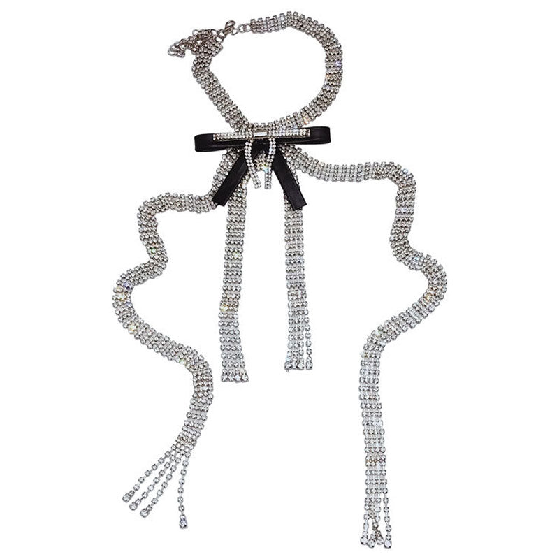 Faux Leather Trim Crystal Bow Tassel Choker Necklace Silver One Size /