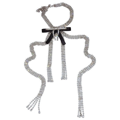 Faux Leather Trim Crystal Bow Tassel Choker Necklace Silver One Size /