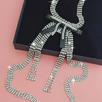 Faux Leather Trim Crystal Bow Tassel Choker Necklace Silver