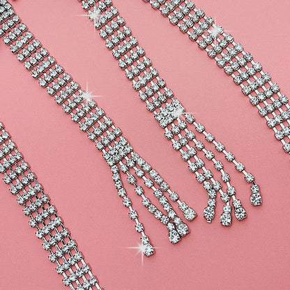 Faux Leather Trim Crystal Bow Tassel Choker Necklace Silver